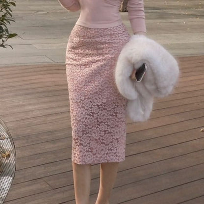 Mock Two-Piece Lace Crop Top and Midi Pencil Skirt Set