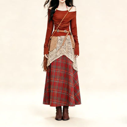 Off-Shoulder Top and Plaid Maxi Skirt with Belt Set