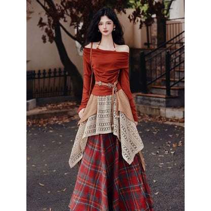 Off-Shoulder Top and Plaid Maxi Skirt with Belt Set