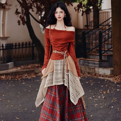 Off-Shoulder Top and Plaid Maxi Skirt with Belt Set