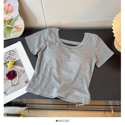 Square Neck Short-Sleeve Crop Top with Open Back