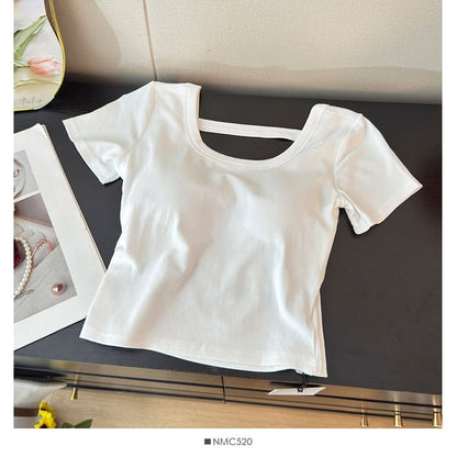 Square Neck Short-Sleeve Crop Top with Open Back
