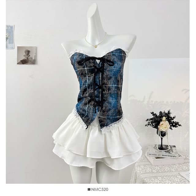 Plaid Lace-Up Fitted Tube Top with Lace Trim