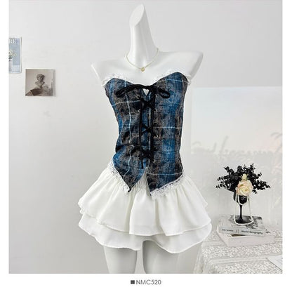 Plaid Lace-Up Fitted Tube Top with Lace Trim