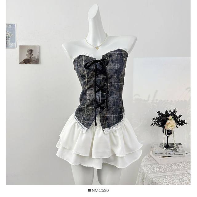 Plaid Lace-Up Fitted Tube Top with Lace Trim