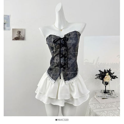 Plaid Lace-Up Fitted Tube Top with Lace Trim