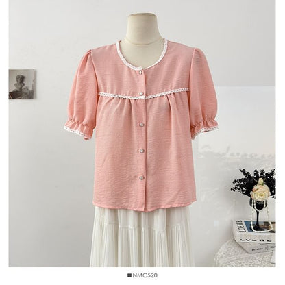 Puff Sleeve Lace-Trim Loose Blouse