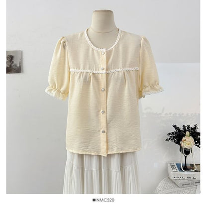 Puff Sleeve Lace-Trim Loose Blouse