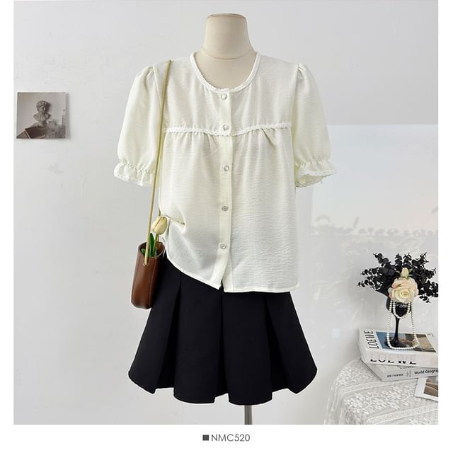 Puff Sleeve Lace-Trim Loose Blouse