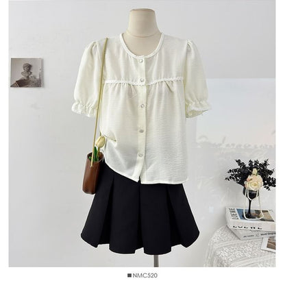 Puff Sleeve Lace-Trim Loose Blouse