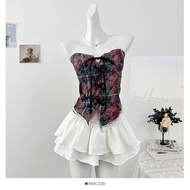 Plaid Lace-Up Fitted Tube Top with Lace Trim