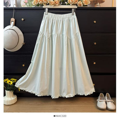 Ruffled-Trim Maxi A-Line Skirt High-Rise