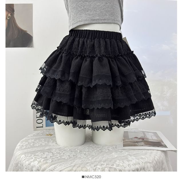 Lace-Trimmed Ruffled Tiered Mini Skirt