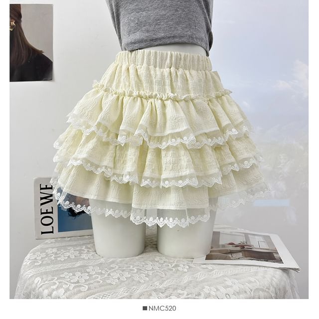 Lace-Trimmed Ruffled Tiered Mini Skirt