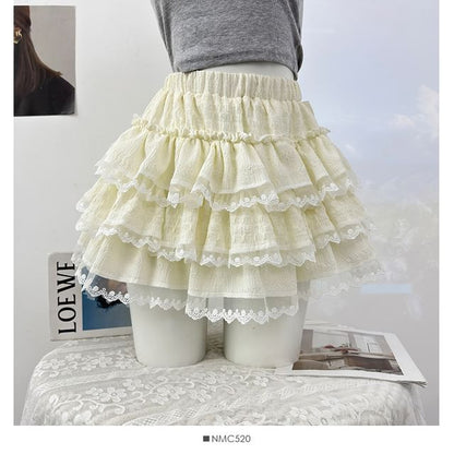 Lace-Trimmed Ruffled Tiered Mini Skirt