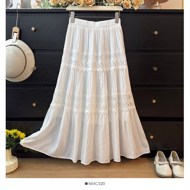 Sheer Lace Panel Tiered Maxi A-Line Skirt