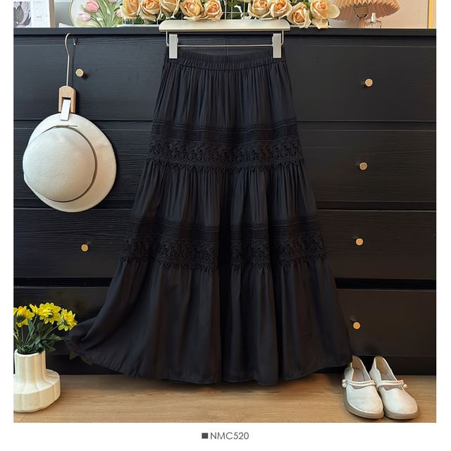 Sheer Lace Panel Tiered Maxi A-Line Skirt
