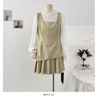 Mock Two-Piece Lace Panel Top and Pleated Mini Skirt Set