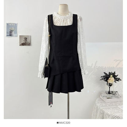 Mock Two-Piece Lace Panel Top and Pleated Mini Skirt Set