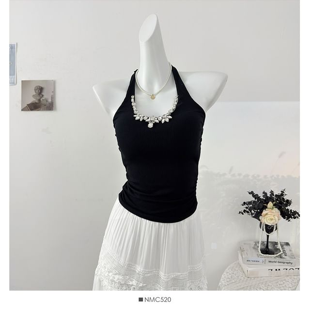 Rhinestone Halter Neck Slim Tank Top