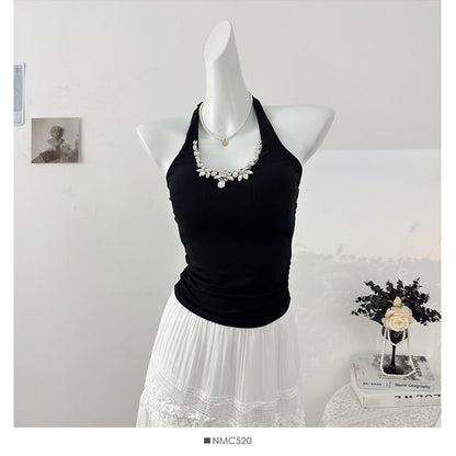 Rhinestone Halter Neck Slim Tank Top