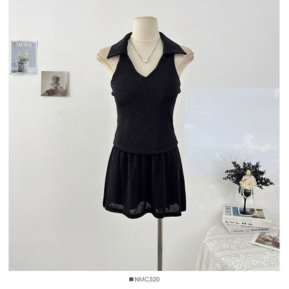 Tailored V-Neck Fitted Tank & High-Rise Mini Skirt Set