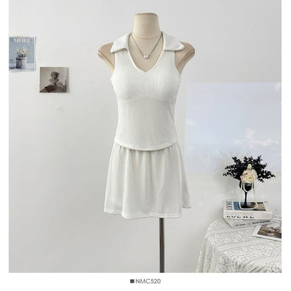 Tailored V-Neck Fitted Tank & High-Rise Mini Skirt Set