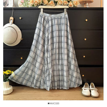 Plaid Sheer Maxi A-Line Skirt High-Rise