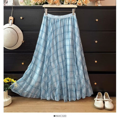 Plaid Sheer Maxi A-Line Skirt High-Rise