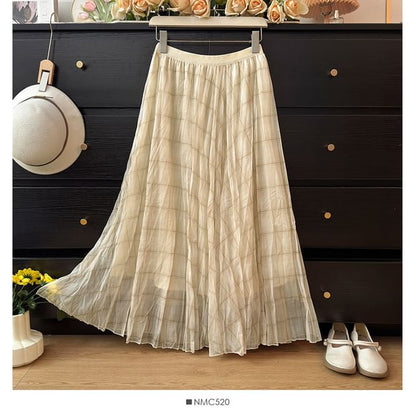 Plaid Sheer Maxi A-Line Skirt High-Rise