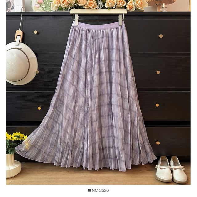 Plaid Sheer Maxi A-Line Skirt High-Rise