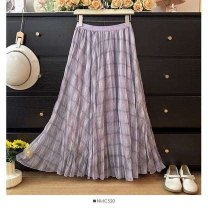 Plaid Sheer Maxi A-Line Skirt High-Rise