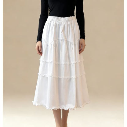 Ruffled-Trim Maxi A-Line Skirt High-Rise