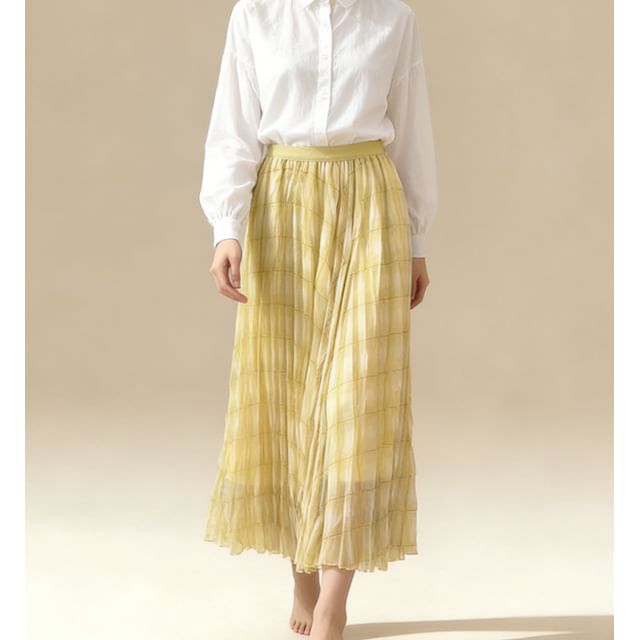 Plaid Sheer Maxi A-Line Skirt High-Rise
