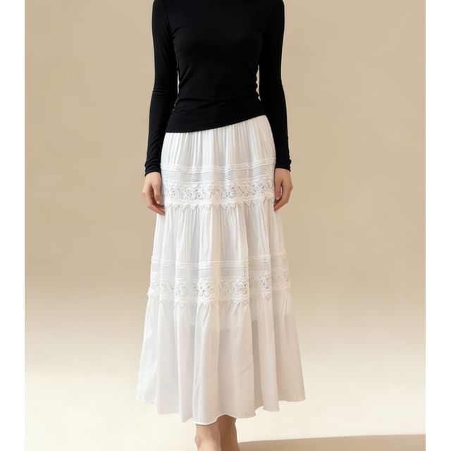 Sheer Lace Panel Tiered Maxi A-Line Skirt