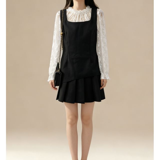 Mock Two-Piece Lace Panel Top and Pleated Mini Skirt Set