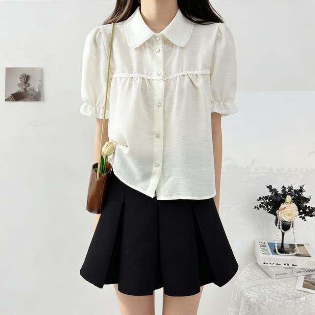 Puff Sleeve Lace-Trim Loose Blouse