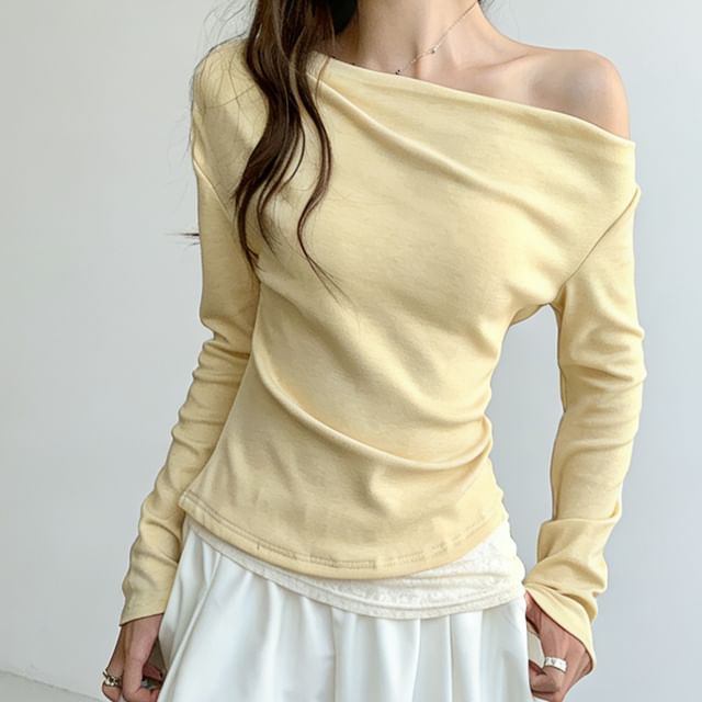 Off-Shoulder Lace Panel Slim Fit Tee