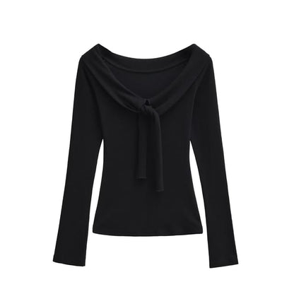 Tie-Front Scoop Neck Tee - Long Sleeve