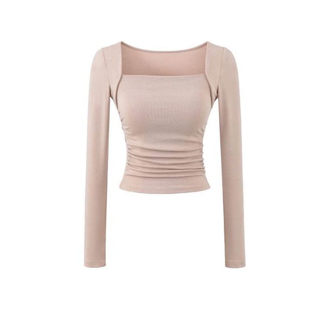 Ruched Square Neck Tee - Long Sleeve
