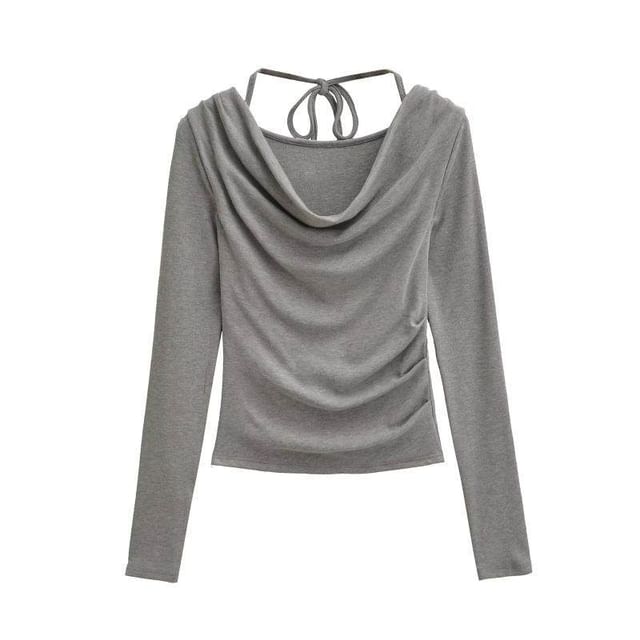 Cowl Neck Crop Tee - Ruched Long Sleeve