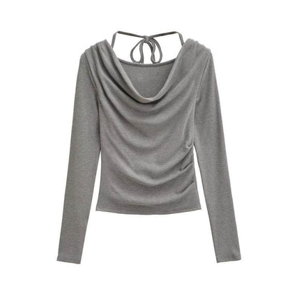 Cowl Neck Crop Tee - Ruched Long Sleeve