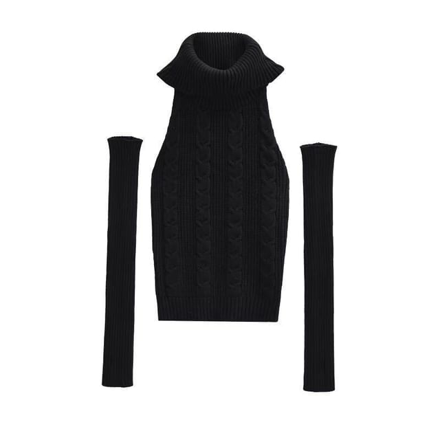 Turtleneck Knit Top with Arm Warmers - Sleeveless