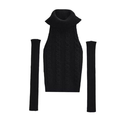 Turtleneck Knit Top with Arm Warmers - Sleeveless