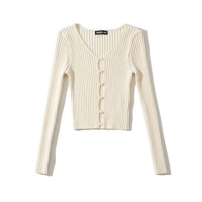 Crop Knit Sweater - V-Neck Long Sleeve
