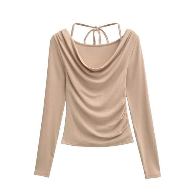 Cowl Neck Crop Tee - Ruched Long Sleeve