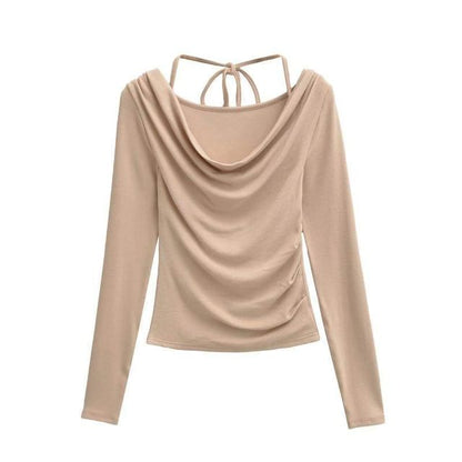Cowl Neck Crop Tee - Ruched Long Sleeve