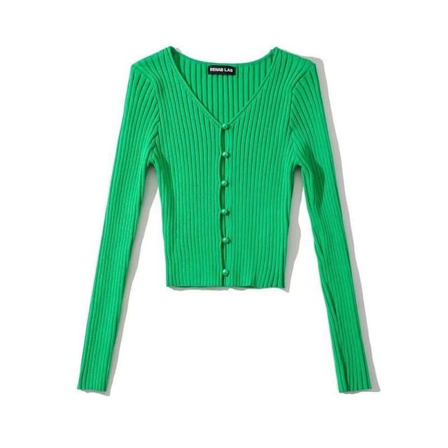 Crop Knit Sweater - V-Neck Long Sleeve