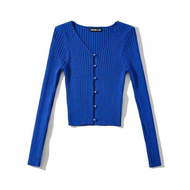 Crop Knit Sweater - V-Neck Long Sleeve