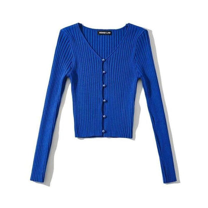 Crop Knit Sweater - V-Neck Long Sleeve